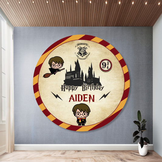 Harry Potter theme customized round birthday backdrop with Hogwarts wizarding design and child's name and age in circular flex format for kids birthday party decoration India starting Rs 499