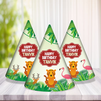 jungle theme personalized party hats with name for kids birthday
