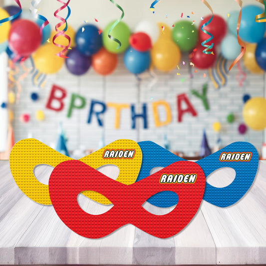 Kids Using Lego Customized Eye Mask at Birthday Party Photo Booth India
Alt Text: Kids using Lego theme customized name printed eye mask as photo booth prop at birthday party India pack of 5 and 10
