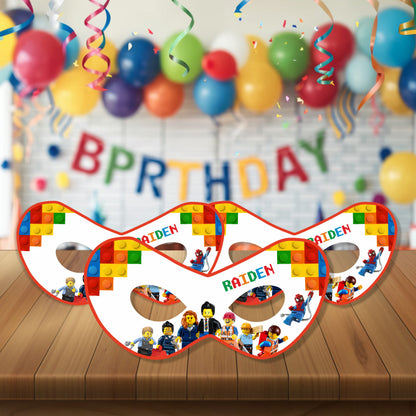 Kids wearing personalized Lego theme eye mask during birthday party celebration in India — adjustable fit for all ages
