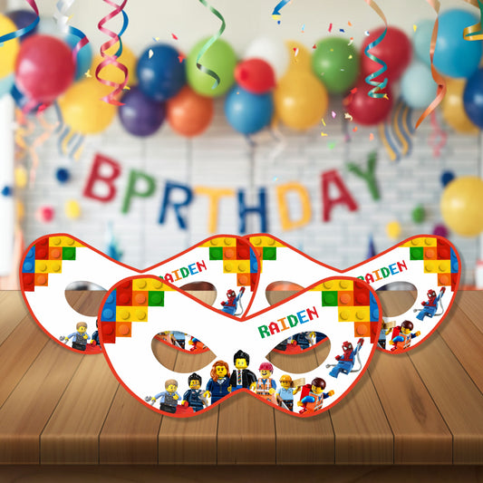 Kids wearing personalized Lego theme eye mask during birthday party celebration in India — adjustable fit for all ages
