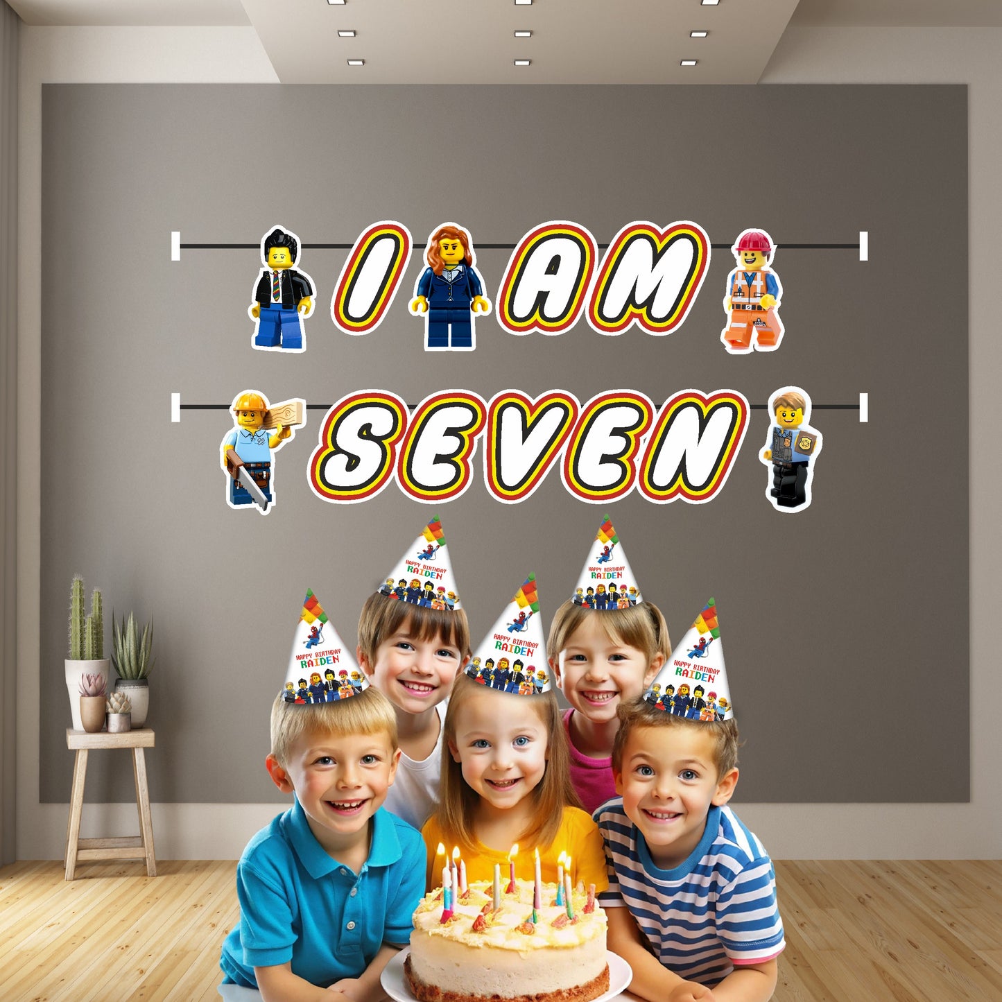 Lego theme age bunting with birthday number hung at kids birthday party milestone decoration backdrop wall India
