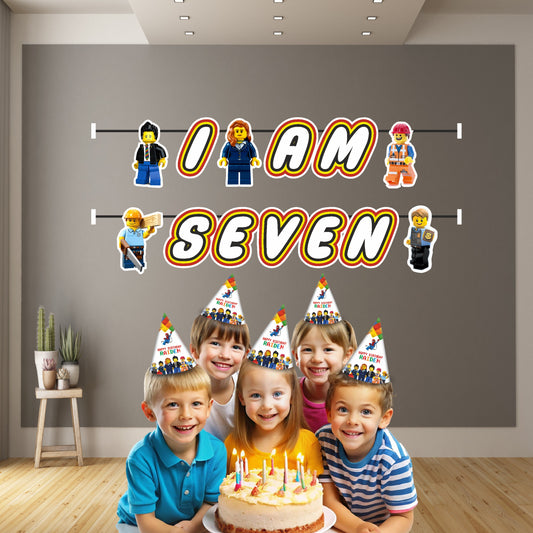Lego theme age bunting with birthday number hung at kids birthday party milestone decoration backdrop wall India
