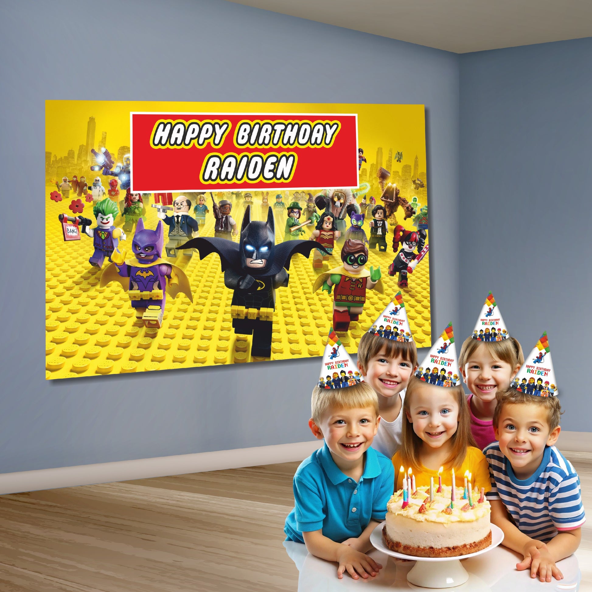 Close-up of BluParty Lego DC super heroes backdrop design showing Batman and Superman in Lego minifigure brick art style with vibrant superhero colour palette
