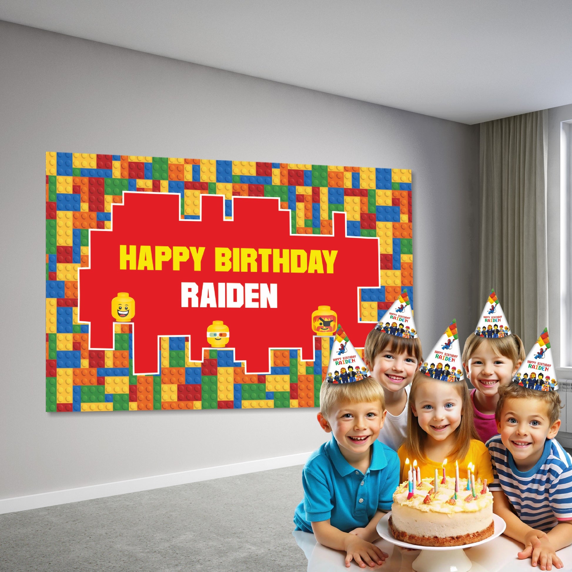 Close-up of BluParty Lego theme birthday backdrop print showing high-resolution brick-pattern design with personalized child name and age in bold Lego-style typography