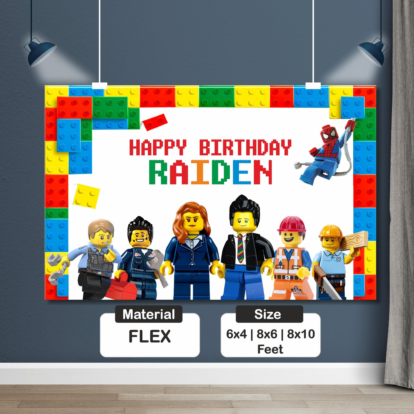Illustration of BluParty Lego birthday backdrop WhatsApp design preview process showing custom artwork shared for parent approval before printing
