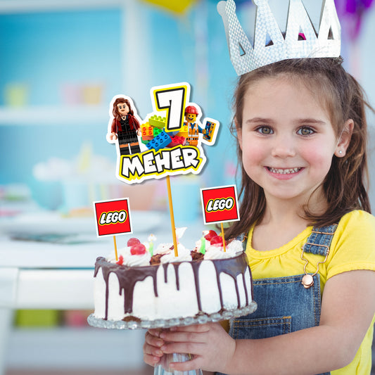 Personalized Lego birthday cake topper placed on a decorated birthday cake for a themed kids party in India