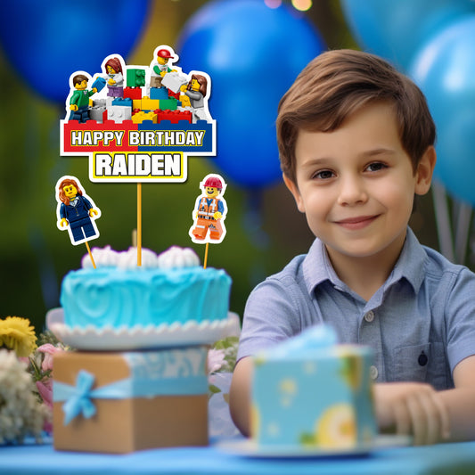 Personalized Lego theme cake topper with name and age inserted into birthday cake decoration kids party India
