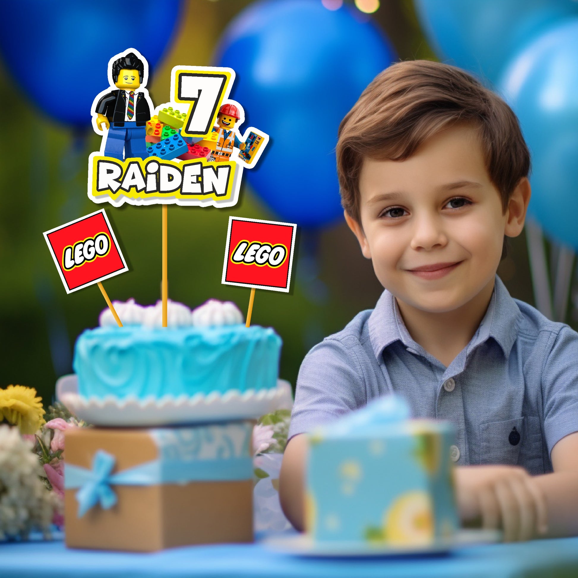 Customized Lego birthday cake topper with event details inserted on a decorated birthday cake for a themed kids party in India