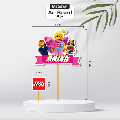 Close-up of a vibrant classic Lego brick cake topper showing colourful red yellow blue and green building block design with Happy Birthday message on 300GSM artboard

