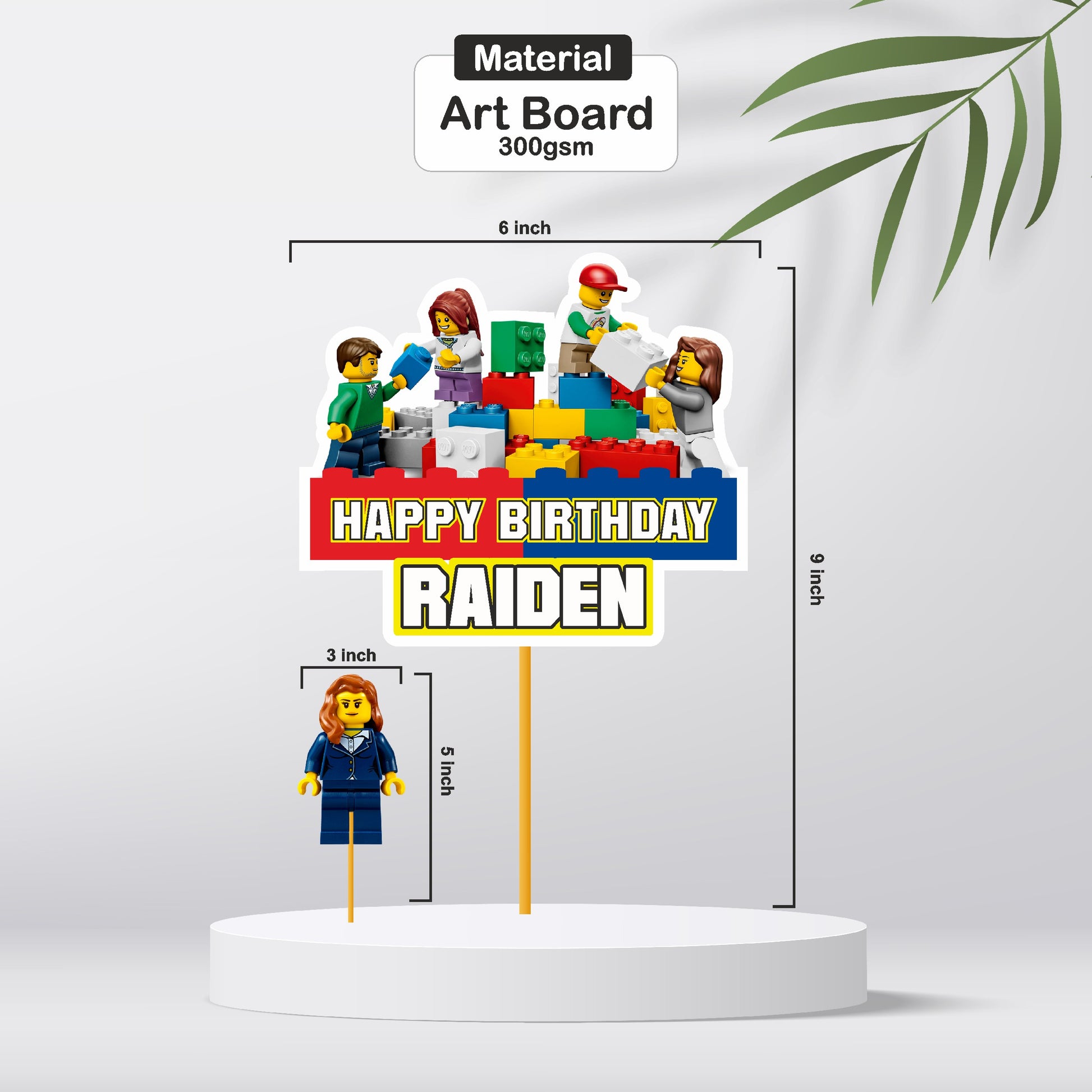 Close up of Lego theme personalized cake topper with child name birthday age and Lego brick design printed on 300GSM artboard India
