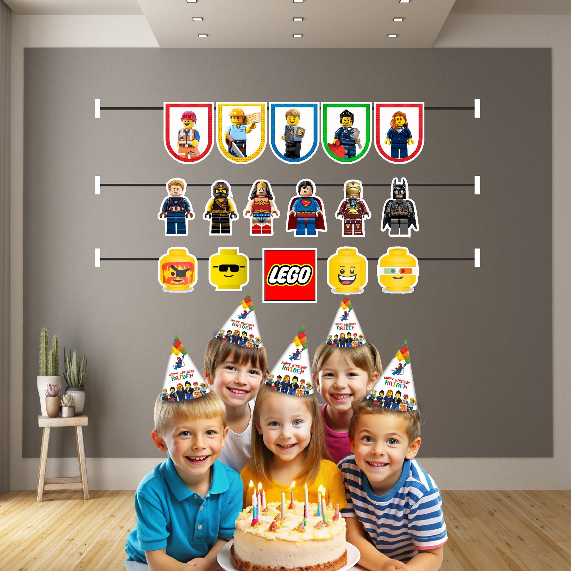 Lego character bunting with Ninjago and Lego Friends minifigure illustrated flags hung at kids birthday party wall decoration India
