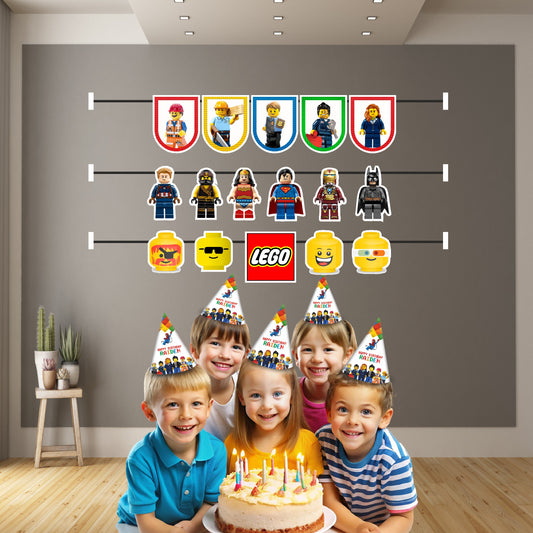 Lego character bunting with Ninjago and Lego Friends minifigure illustrated flags hung at kids birthday party wall decoration India
