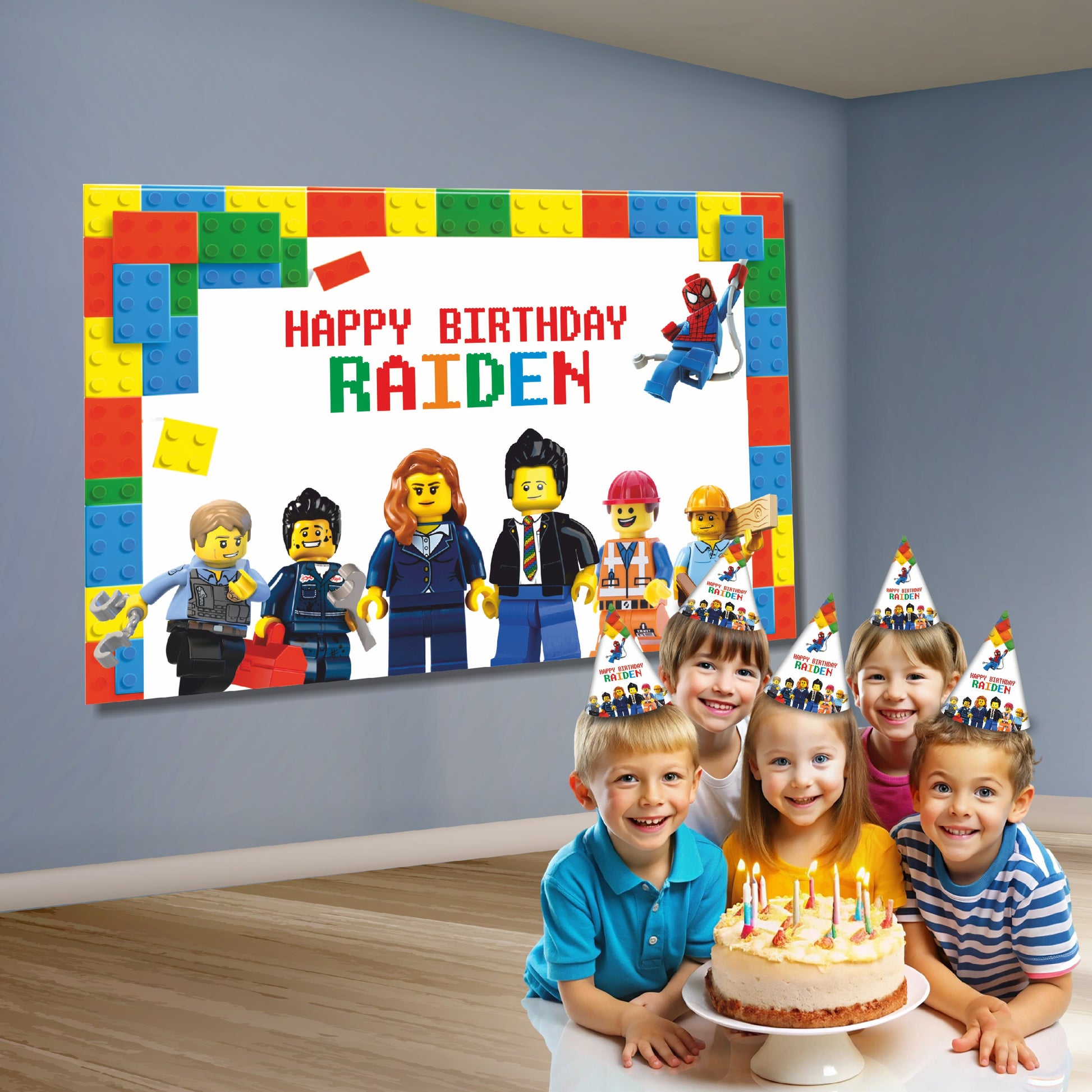 Close-up of BluParty bespoke Lego birthday backdrop design showing child photo integrated into Lego brick artwork with personalized name age and custom party message
