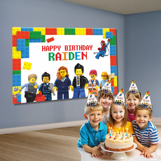 Close-up of BluParty bespoke Lego birthday backdrop design showing child photo integrated into Lego brick artwork with personalized name age and custom party message
