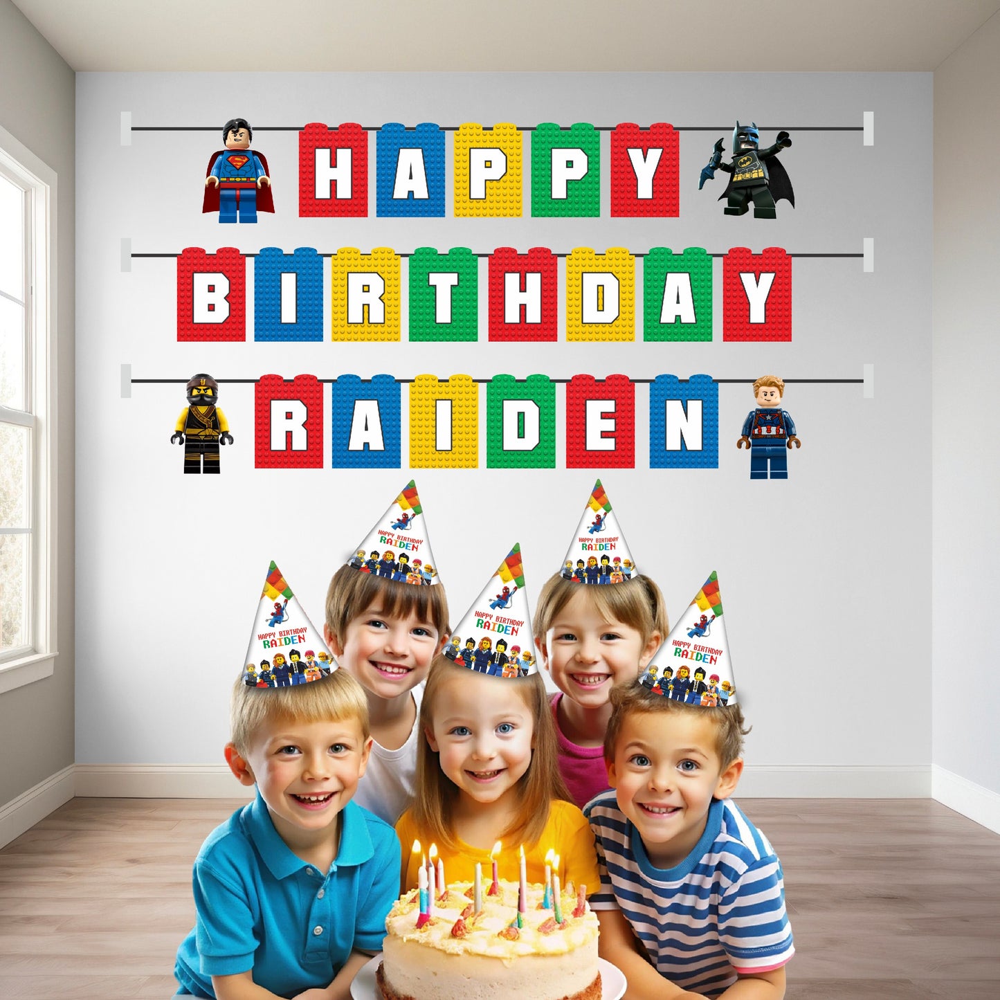 Lego theme customized bunting with personalized message hung at birthday party backdrop wall decoration kids party India