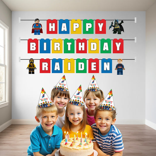 Lego theme customized bunting with personalized message hung at birthday party backdrop wall decoration kids party India