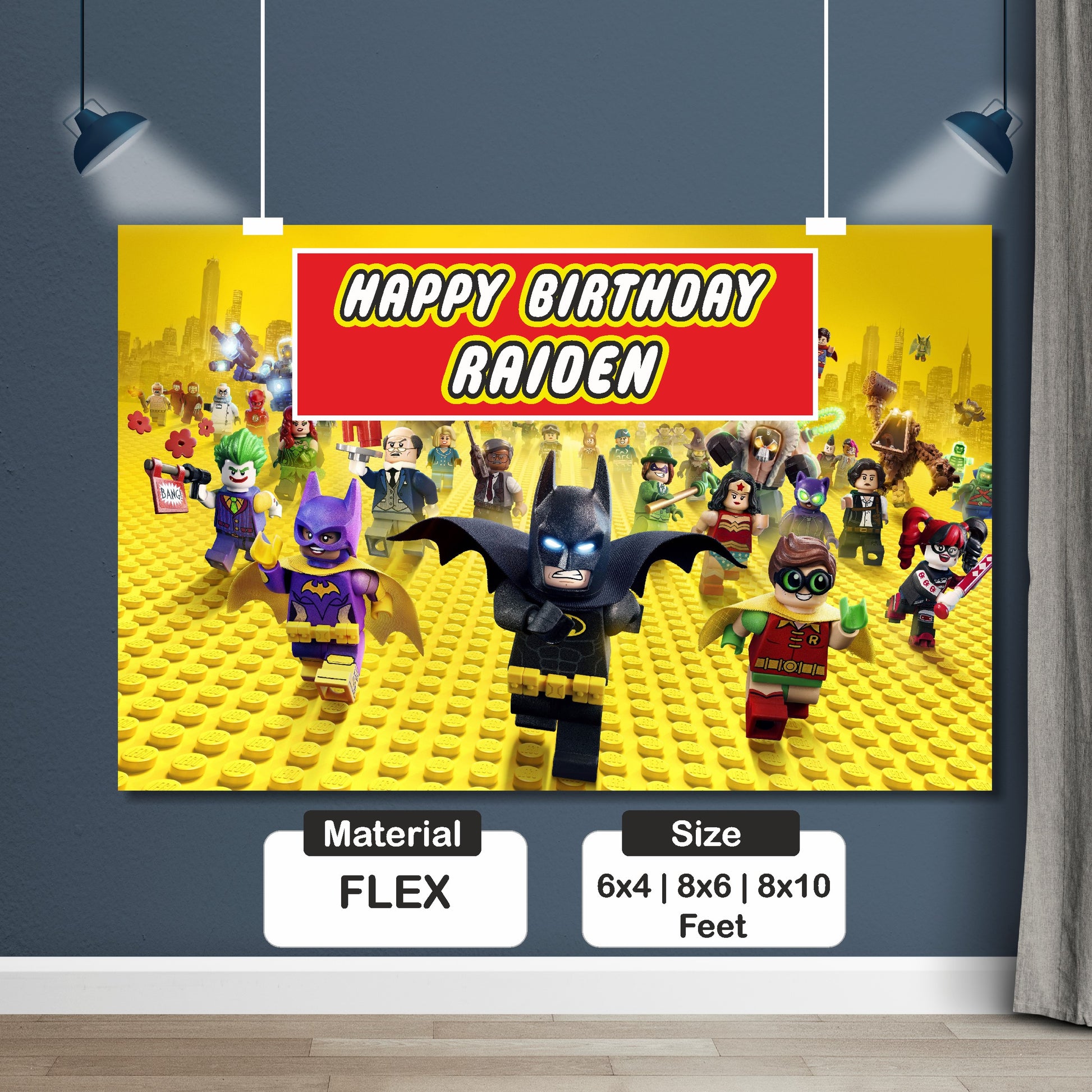 Detail of BluParty Lego DC super heroes birthday backdrop showing child's name and age personalized in Lego-style typography integrated into the Batman Justice League brick design