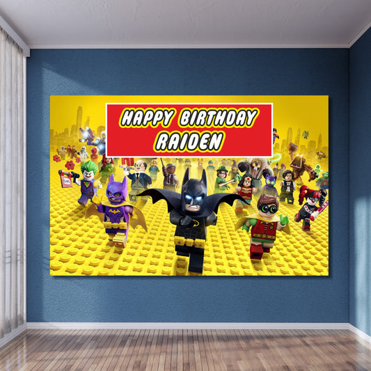 Lego DC super heroes birthday backdrop installed at kids party showing Batman Superman Flash Wonder Woman in Lego minifigure art style with child's name and age personalized by BluParty India