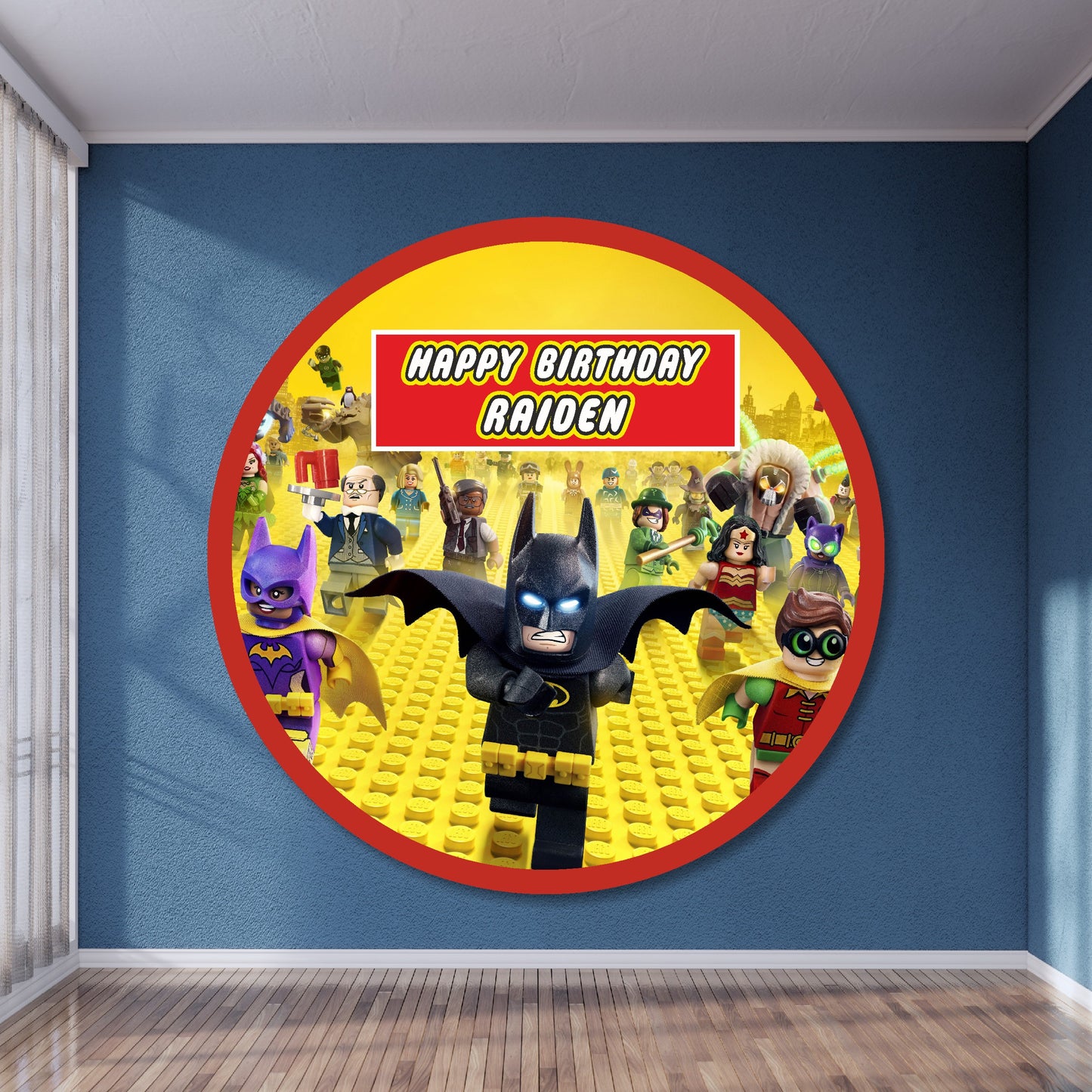 LEGO DC Super Heroes round birthday backdrop with Batman Superman and Justice League brick design personalized with child's name and age on circular flex material for kids birthday party India starting Rs 499
