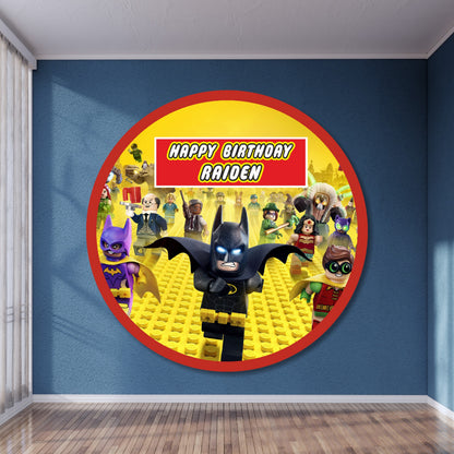 LEGO DC Super Heroes round birthday backdrop with Batman Superman and Justice League brick design personalized with child's name and age on circular flex material for kids birthday party India starting Rs 499
