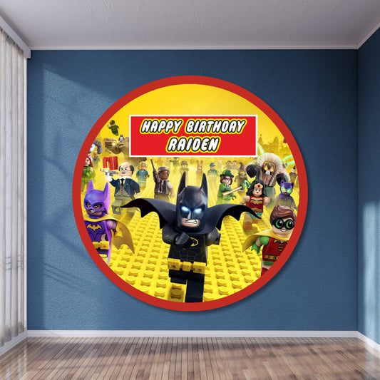 LEGO DC Super Heroes round birthday backdrop with Batman Superman and Justice League brick design personalized with child's name and age on circular flex material for kids birthday party India starting Rs 499

