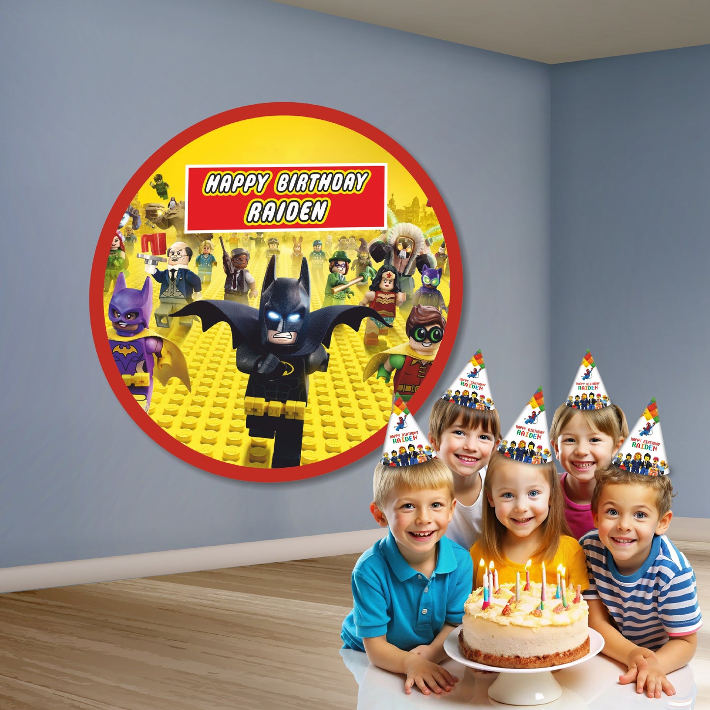 LEGO DC Super Heroes personalized circular birthday backdrop displayed behind a cake table with Batman Superman Justice League brick design and custom name and age kids birthday party decoration India
