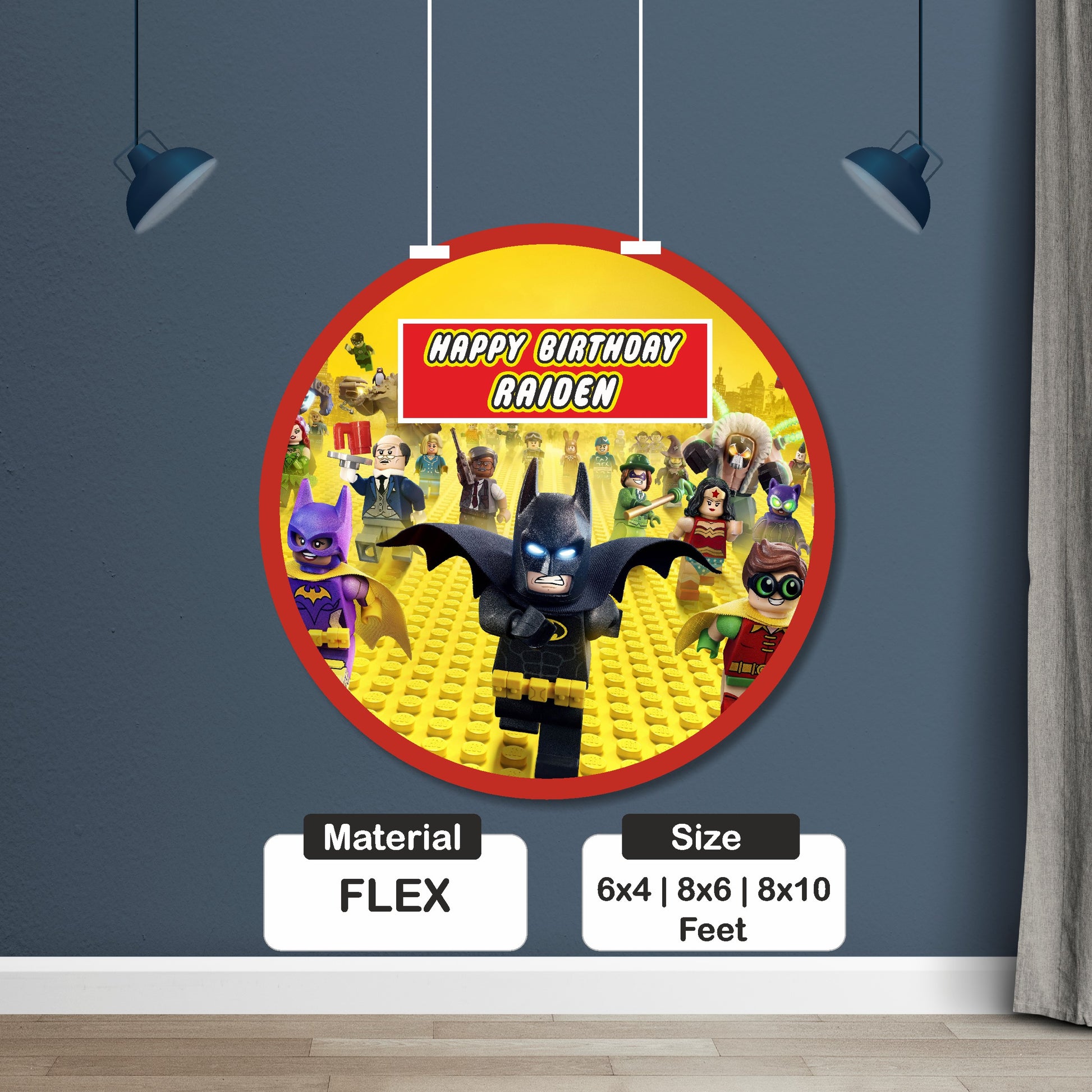 Close-up of LEGO DC Super Heroes round birthday backdrop showing Batman Superman brick character design with personalized child name and birthday number printed in high resolution on matte flex material India