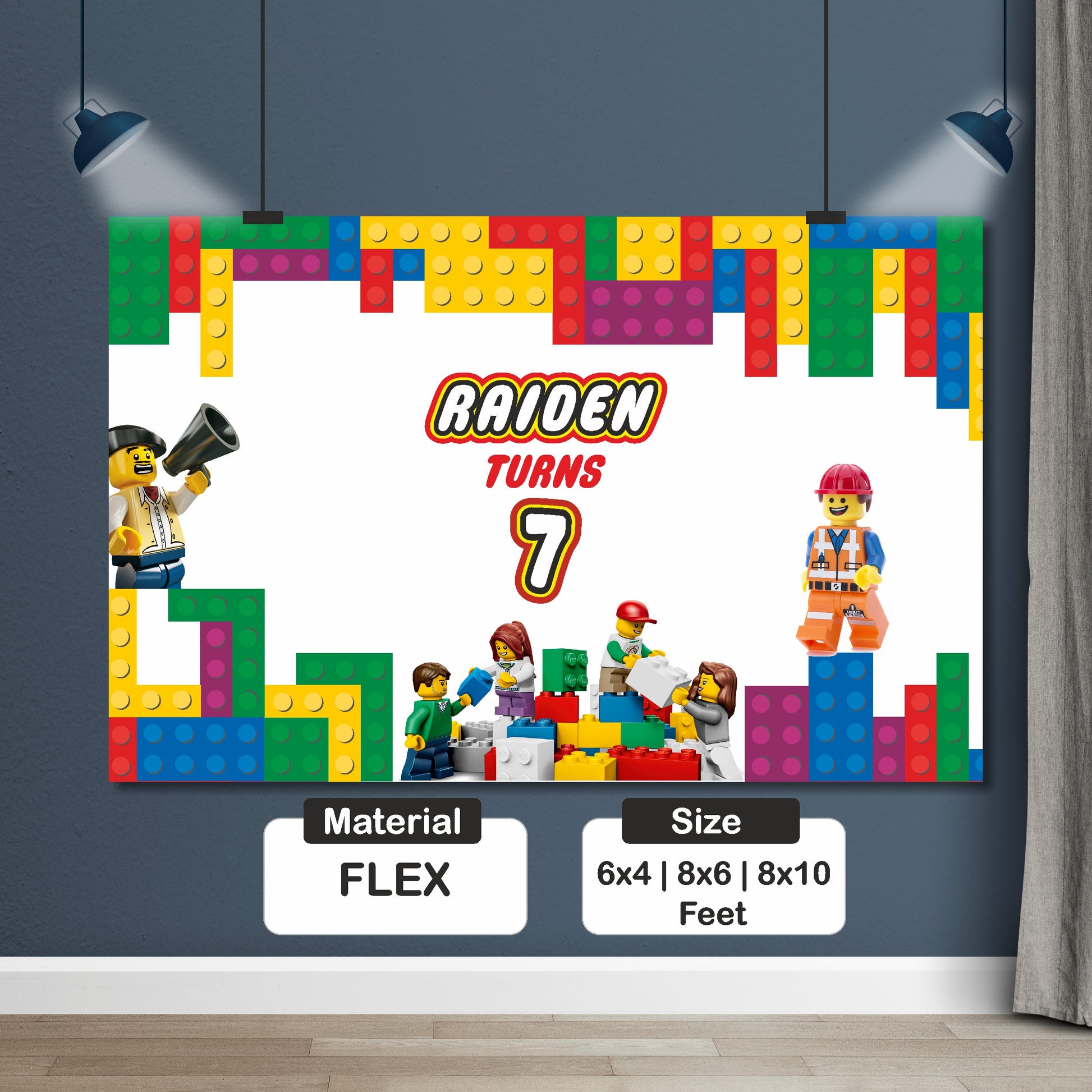 Close-up of a LEGO theme birthday backdrop showing high-resolution brick print, vibrant colours, and custom child name on premium matte flex material
