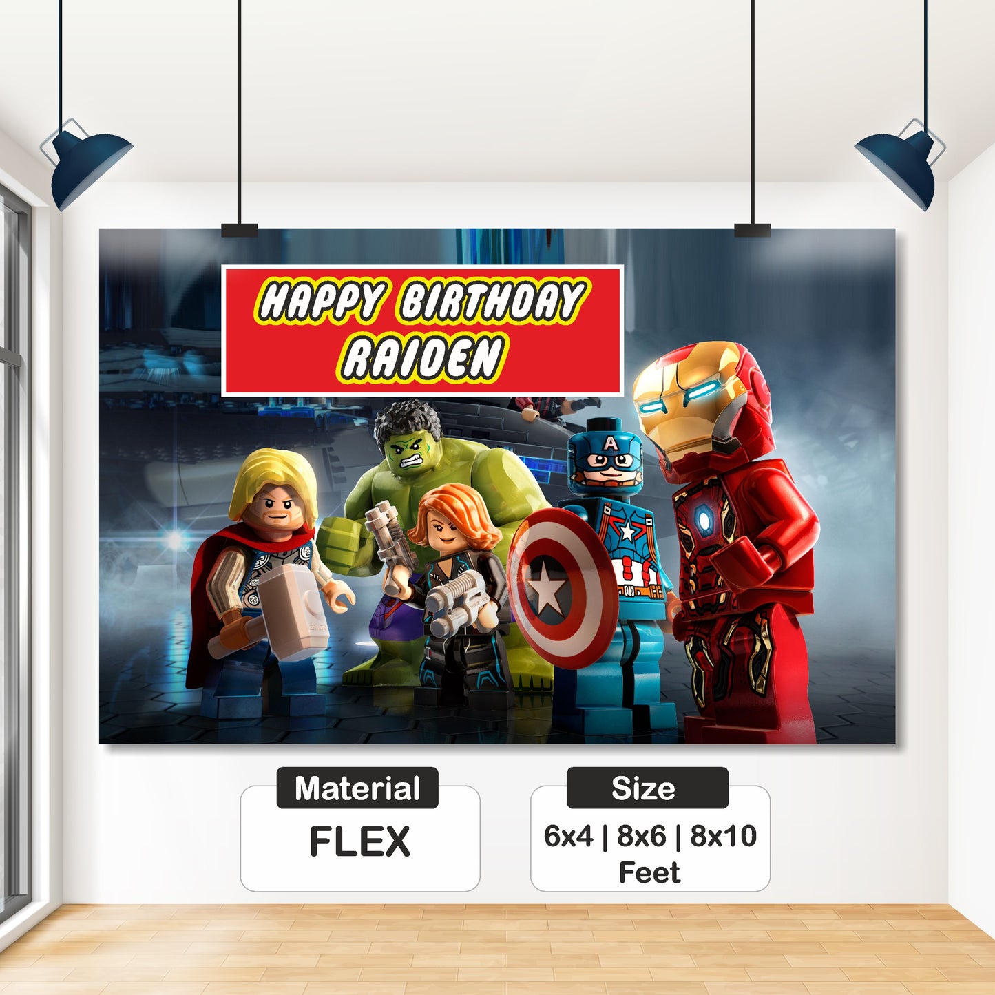 Detail of BluParty Lego Marvel super heroes birthday backdrop showing child's name and age printed in bold Lego-style typography integrated into the Avengers Spider-Man brick design