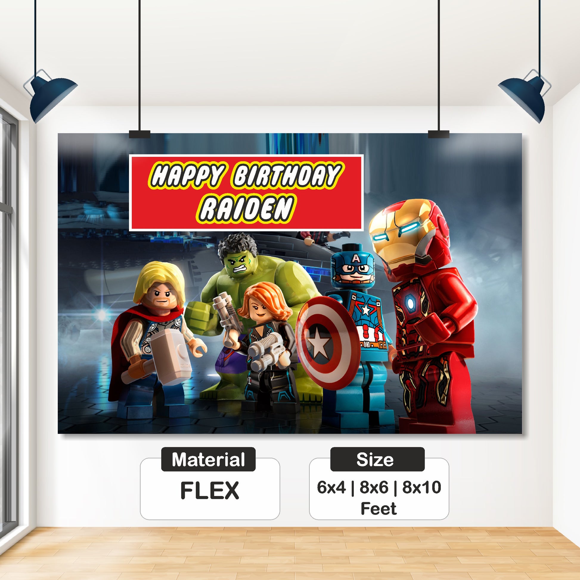 Detail of BluParty Lego Marvel super heroes birthday backdrop showing child's name and age printed in bold Lego-style typography integrated into the Avengers Spider-Man brick design