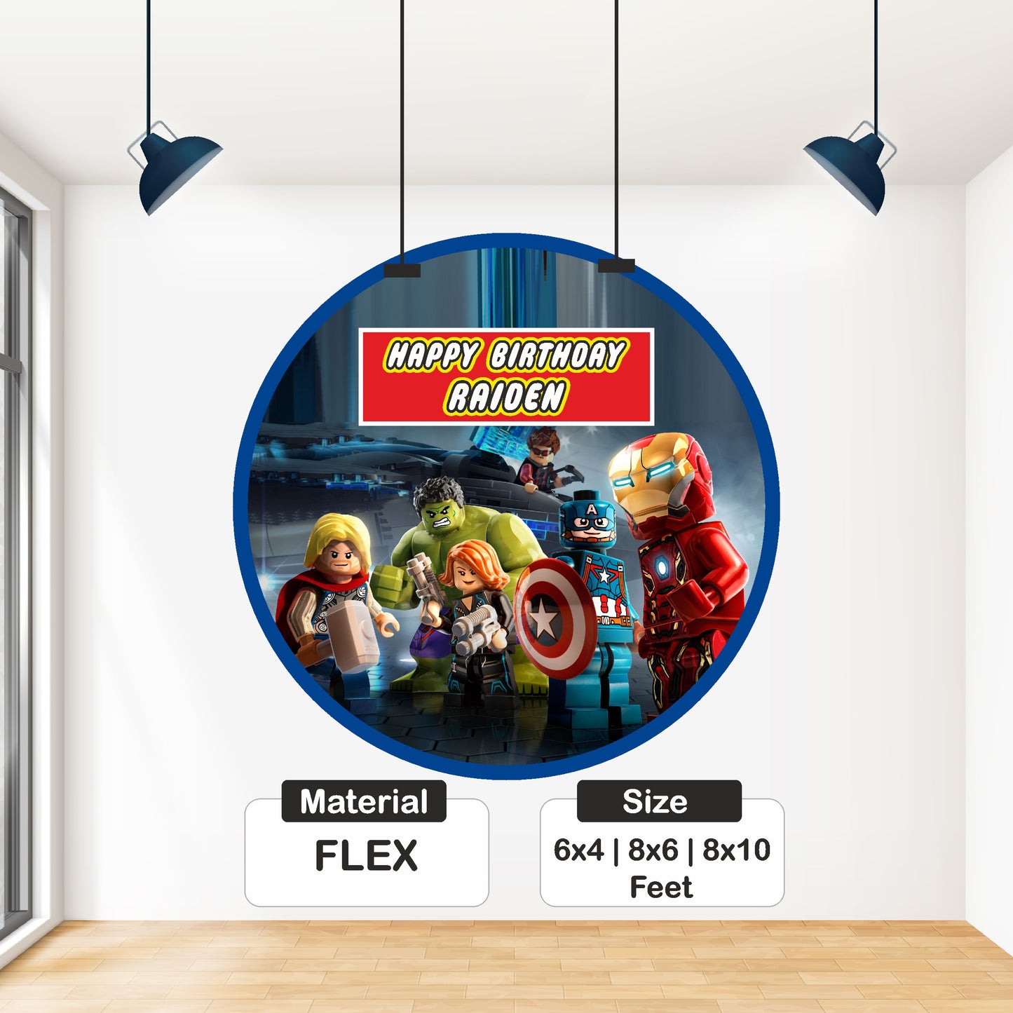 Close-up of LEGO Marvel Super Heroes round birthday backdrop showing Spider-Man Iron Man Avengers brick character design with personalized child name and birthday number in high resolution matte flex print India
