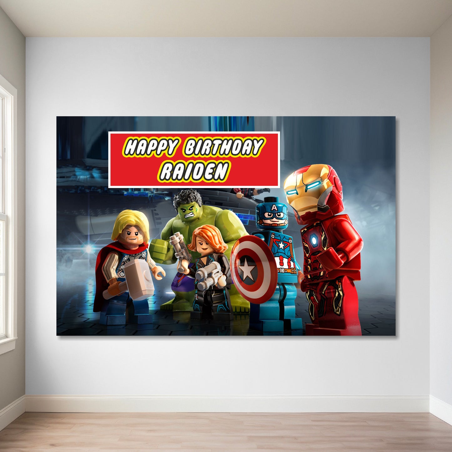 Lego Marvel super heroes birthday backdrop installed at kids birthday party showing Spider-Man Iron Man Thor Hulk in Lego minifigure art style with child's name and age personalized by BluParty India
