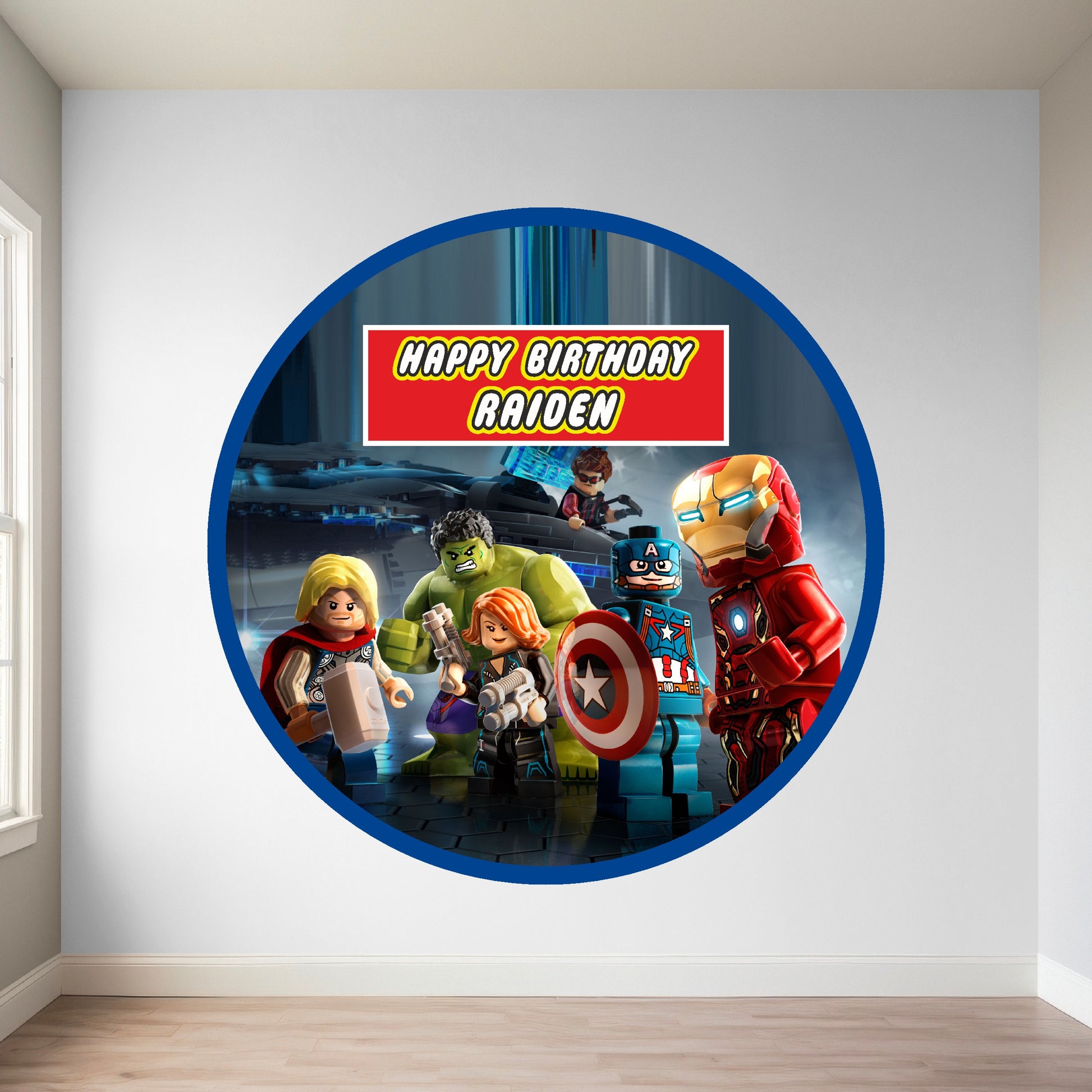 LEGO Marvel Super Heroes round birthday backdrop with Spider-Man Iron Man and Avengers brick design personalized with child's name and age on circular flex material for kids birthday party India starting Rs 499
