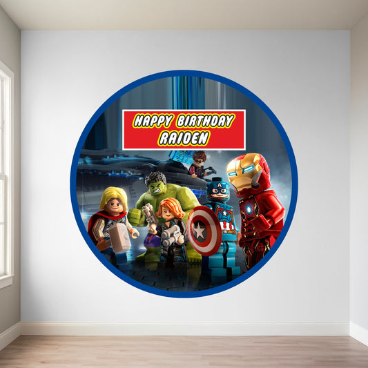 LEGO Marvel Super Heroes round birthday backdrop with Spider-Man Iron Man and Avengers brick design personalized with child's name and age on circular flex material for kids birthday party India starting Rs 499
