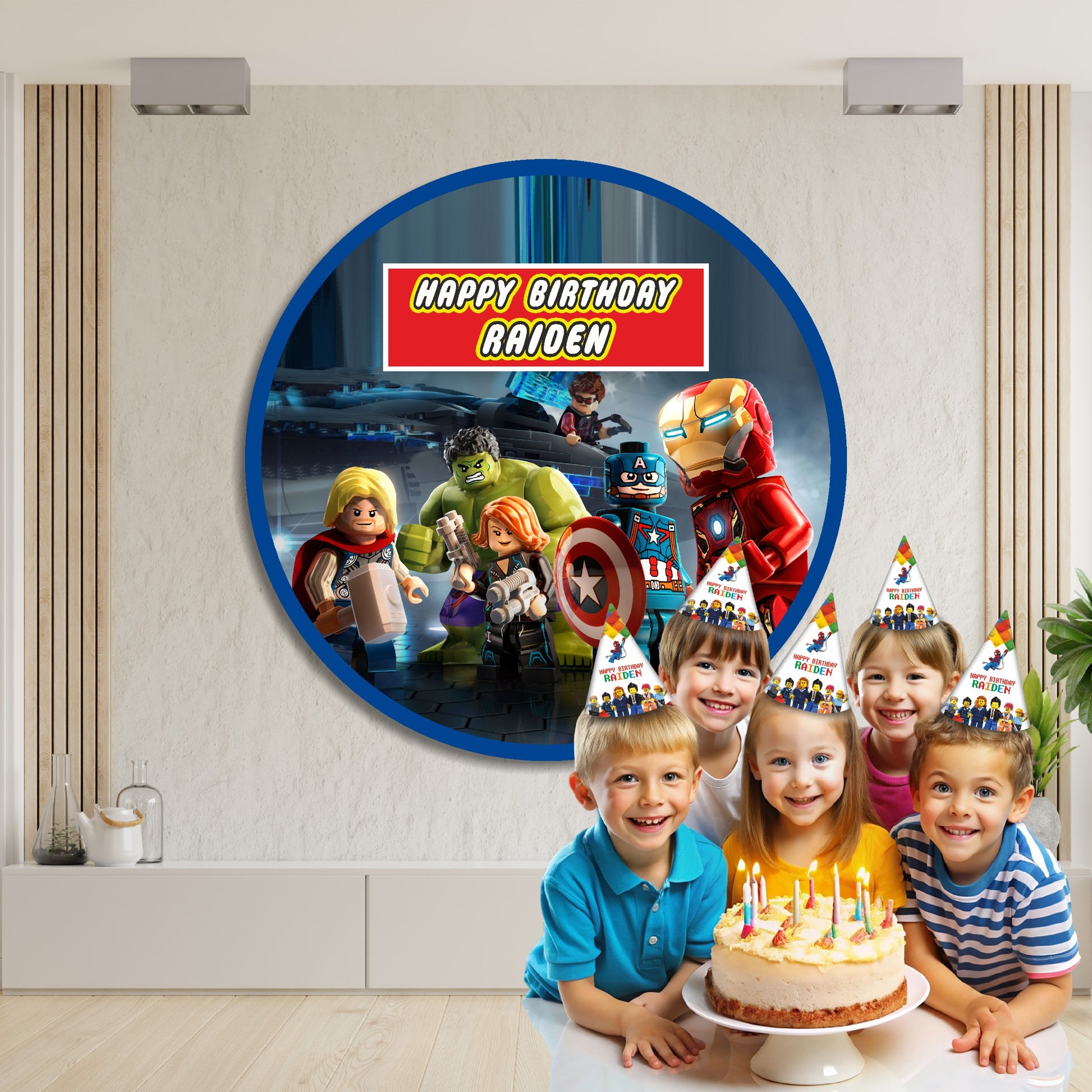 LEGO Marvel Super Heroes personalized circular birthday backdrop behind a cake table with Spider-Man Avengers LEGO brick design and custom name and age for kids birthday party decoration India
