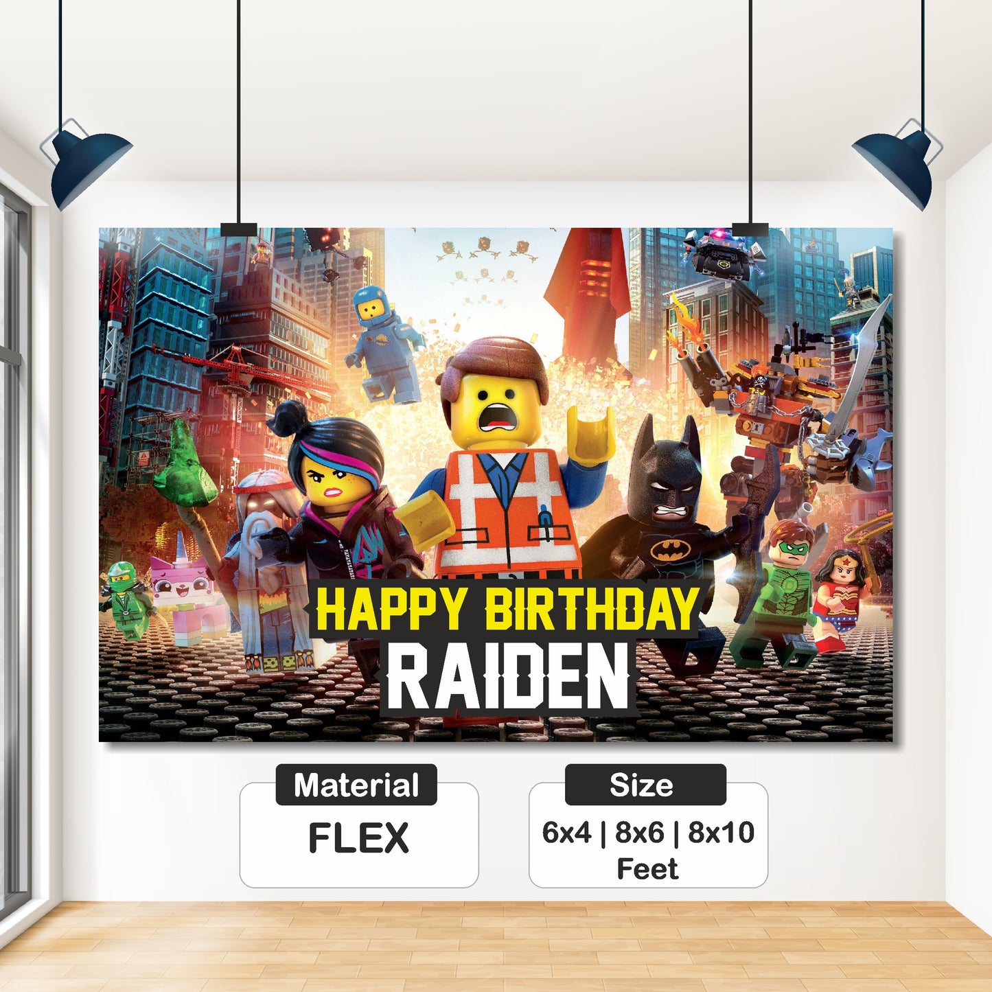 Detail of BluParty Lego Movie birthday backdrop showing child's name and age integrated into the Emmet Wyldstyle film artwork in bold Lego-style birthday typography