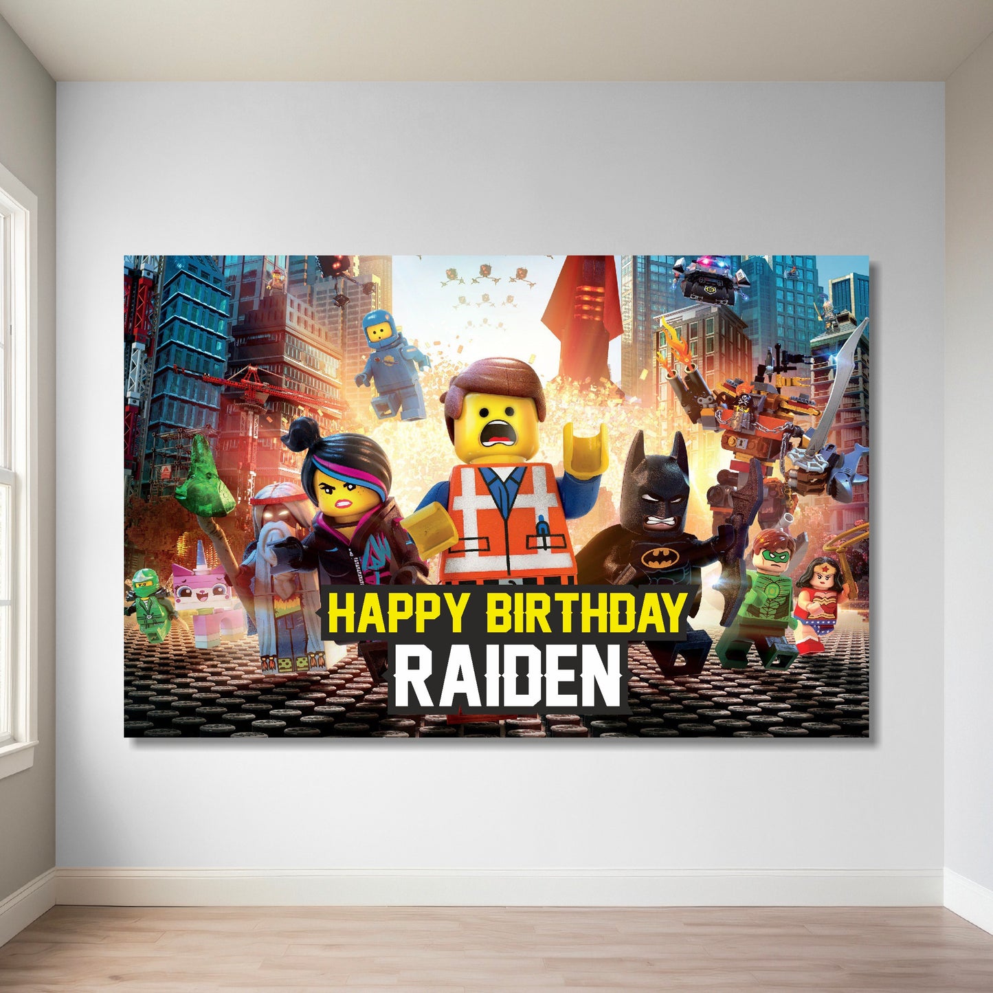 Lego Movie birthday backdrop installed at kids birthday party showing Emmet Wyldstyle Benny and Unikitty characters with child's name and age personalized in vibrant film-accurate colours by BluParty India
