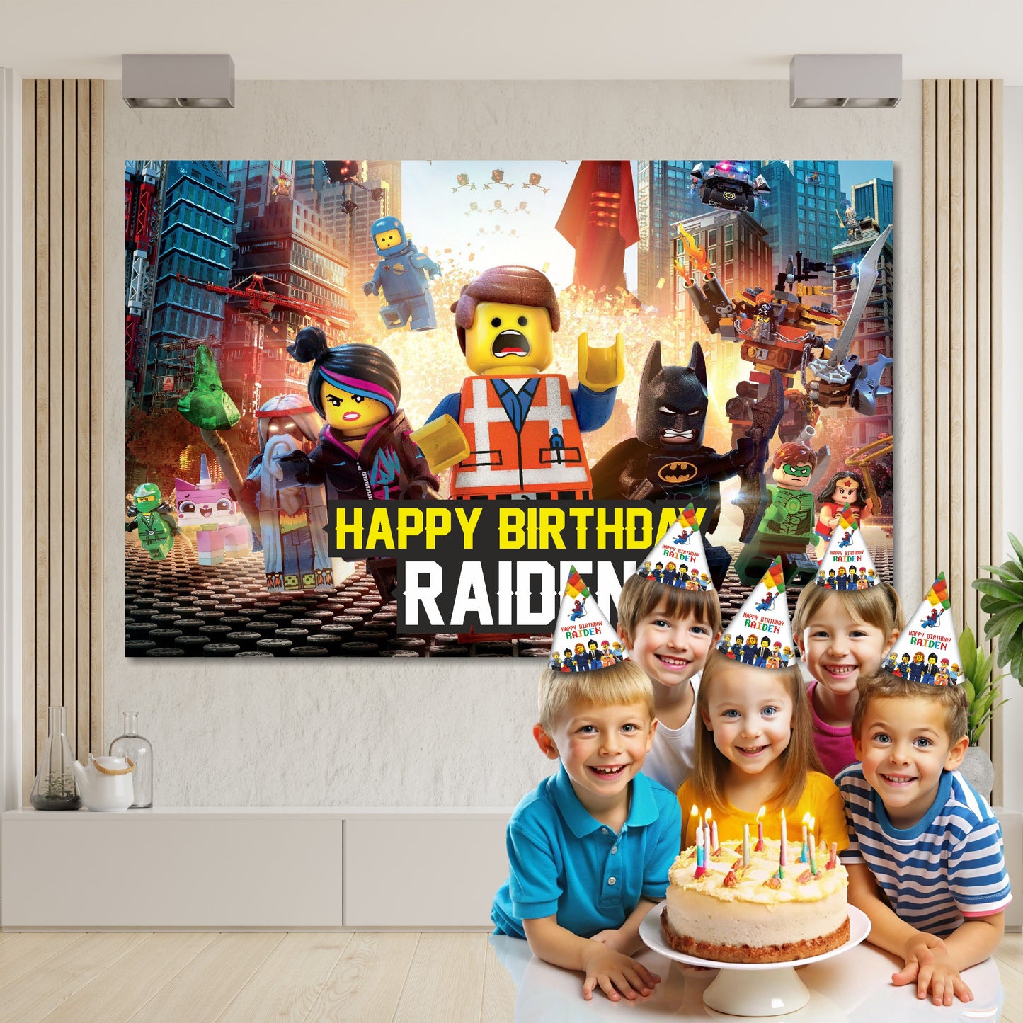 Close-up of BluParty Lego Movie birthday backdrop design showing Emmet and Wyldstyle characters in the film's signature bright brick-colour art style with Master Builder theme elements

