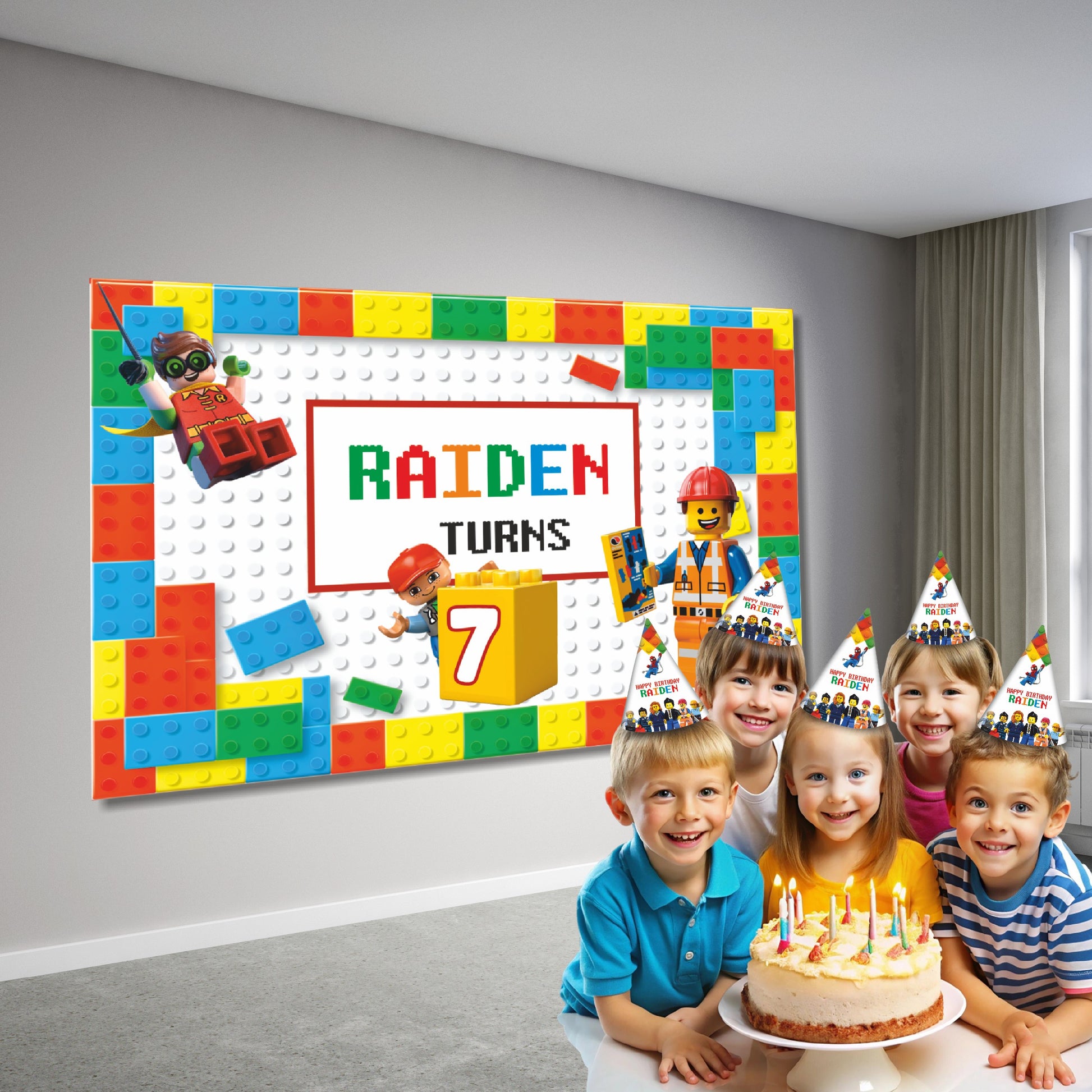 Close-up of BluParty Lego theme personalized backdrop showing child's name styled in large prominent Lego-themed typography as the visual focal point of the brick-pattern birthday design
