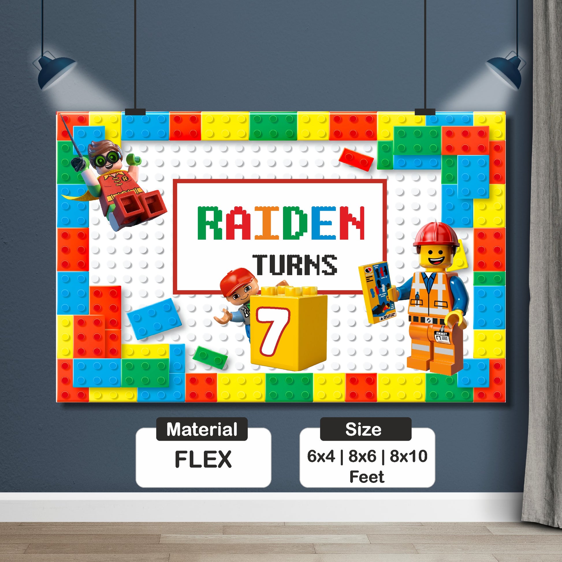 Lego theme personalized birthday backdrop displayed in small medium and large size options for home and venue birthday party setups by BluParty India
