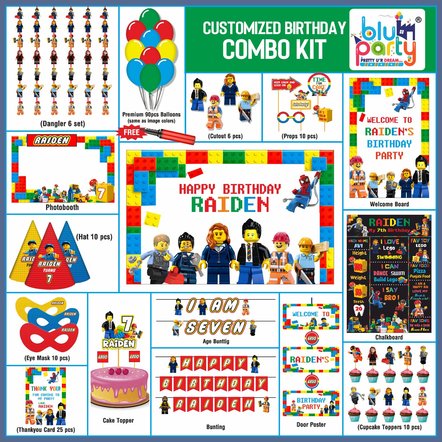 Lego personalized birthday party prime kit flat lay showing backdrop, name board, banners, balloon set, cake topper and return gift bags by BluParty India
