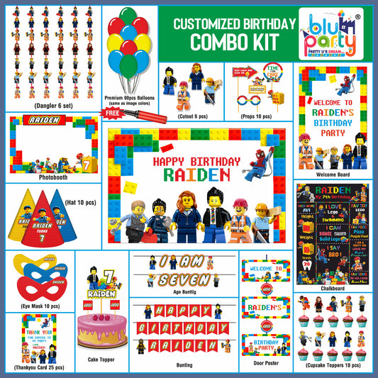 Lego personalized birthday party prime kit flat lay showing backdrop, name board, banners, balloon set, cake topper and return gift bags by BluParty India
