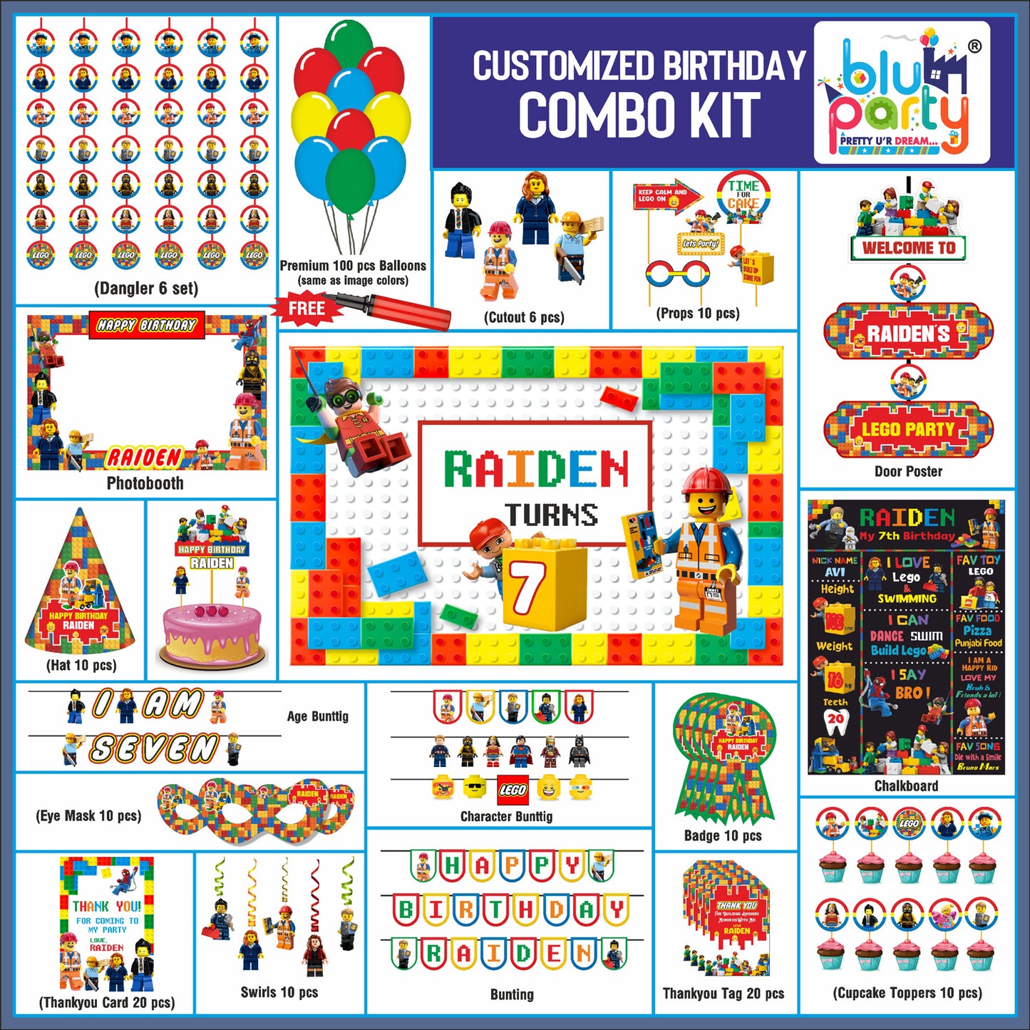 Lego personalized royal birthday party kit flat lay showing large backdrop, expanded balloon set, name board, banners, cake topper and return gift bags by BluParty India

