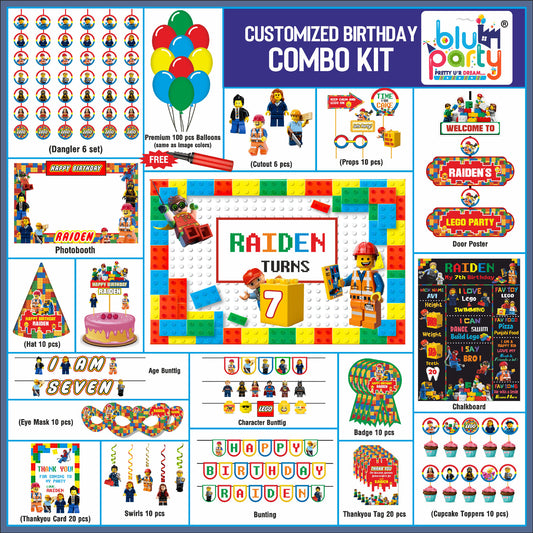 Lego personalized royal birthday party kit flat lay showing large backdrop, expanded balloon set, name board, banners, cake topper and return gift bags by BluParty India
