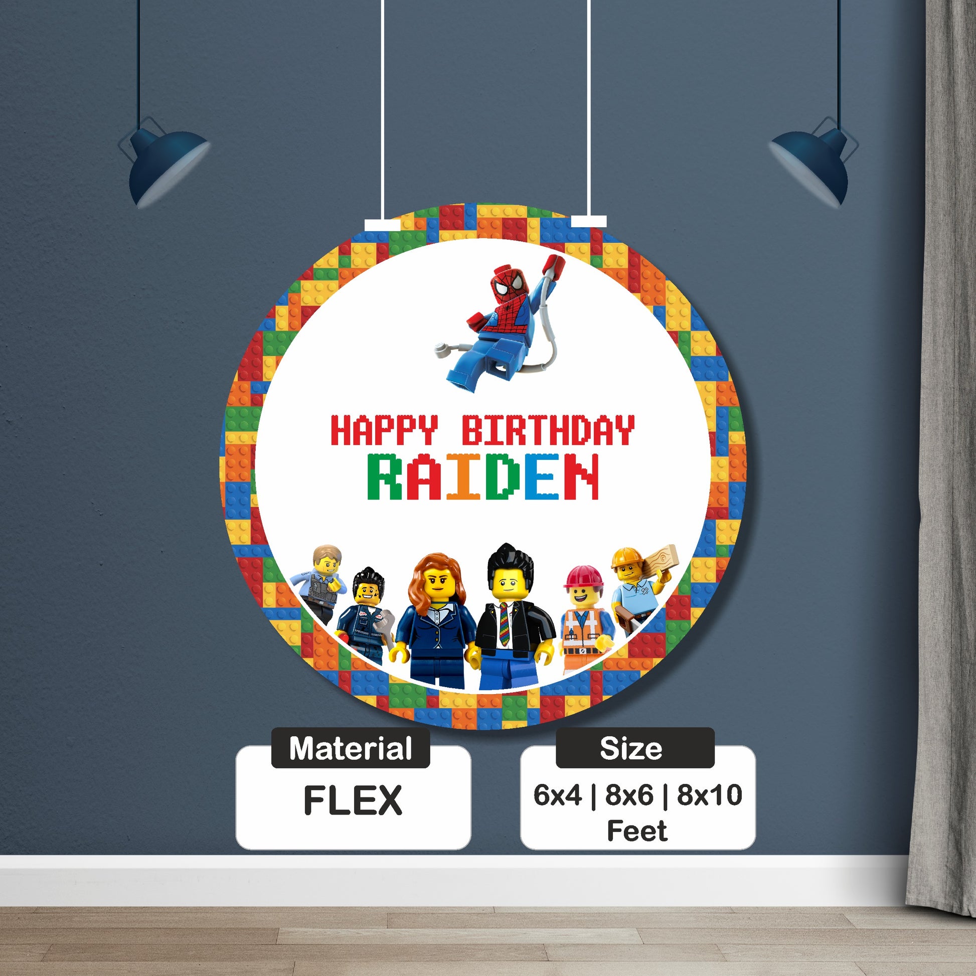 Close-up of personalized LEGO theme round backdrop showing child's name and birthday number printed in high-resolution digital print integrated into vibrant LEGO brick circular design
