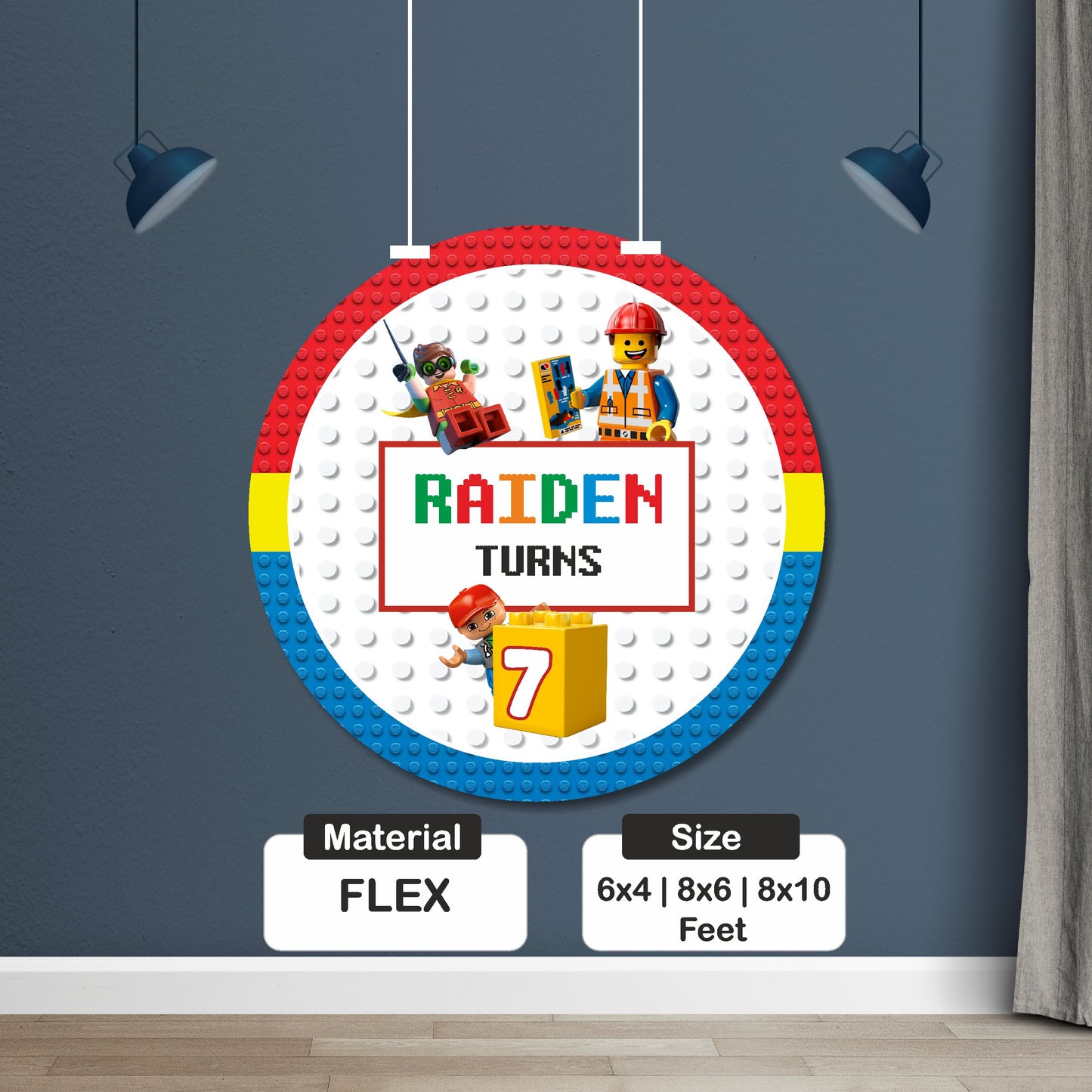 Close-up of LEGO theme customized round birthday backdrop showing high-resolution circular brick design with personalized child name and age printed on matte finish premium flex material India
