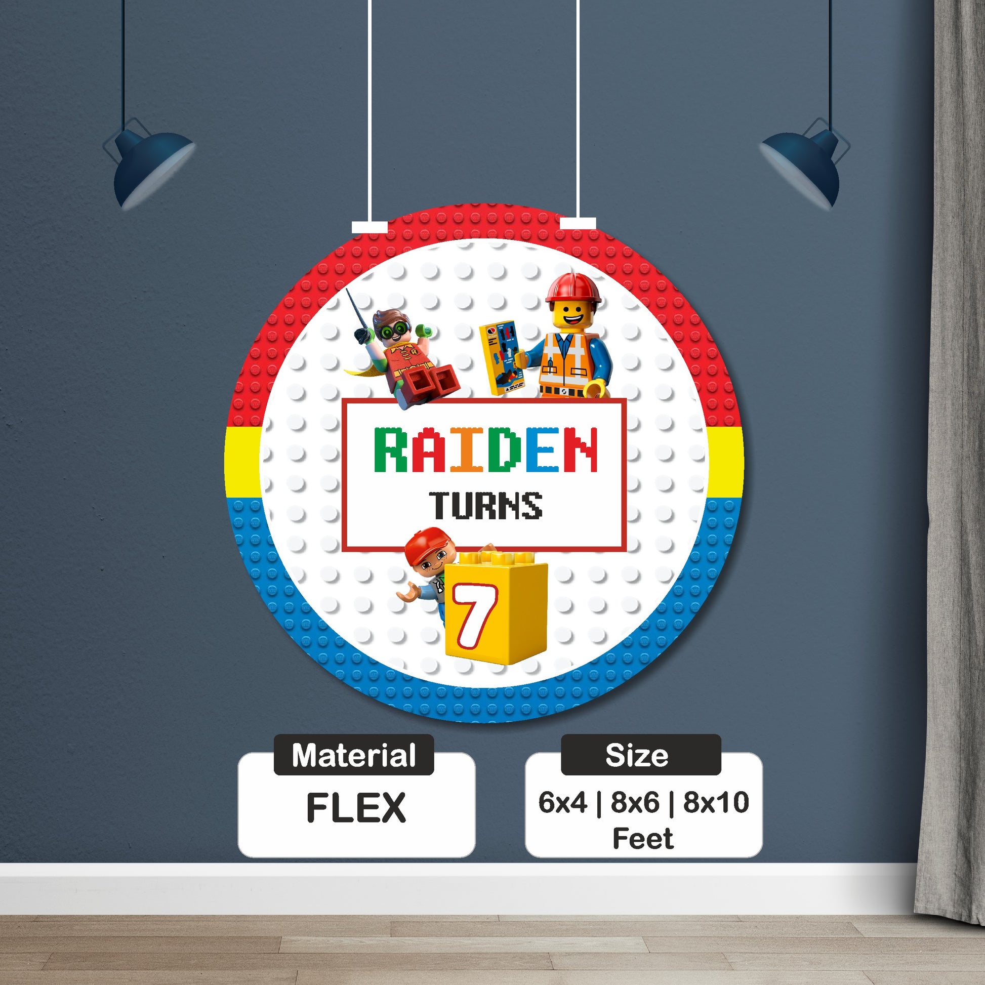 Close-up of LEGO theme customized round birthday backdrop showing high-resolution circular brick design with personalized child name and age printed on matte finish premium flex material India
