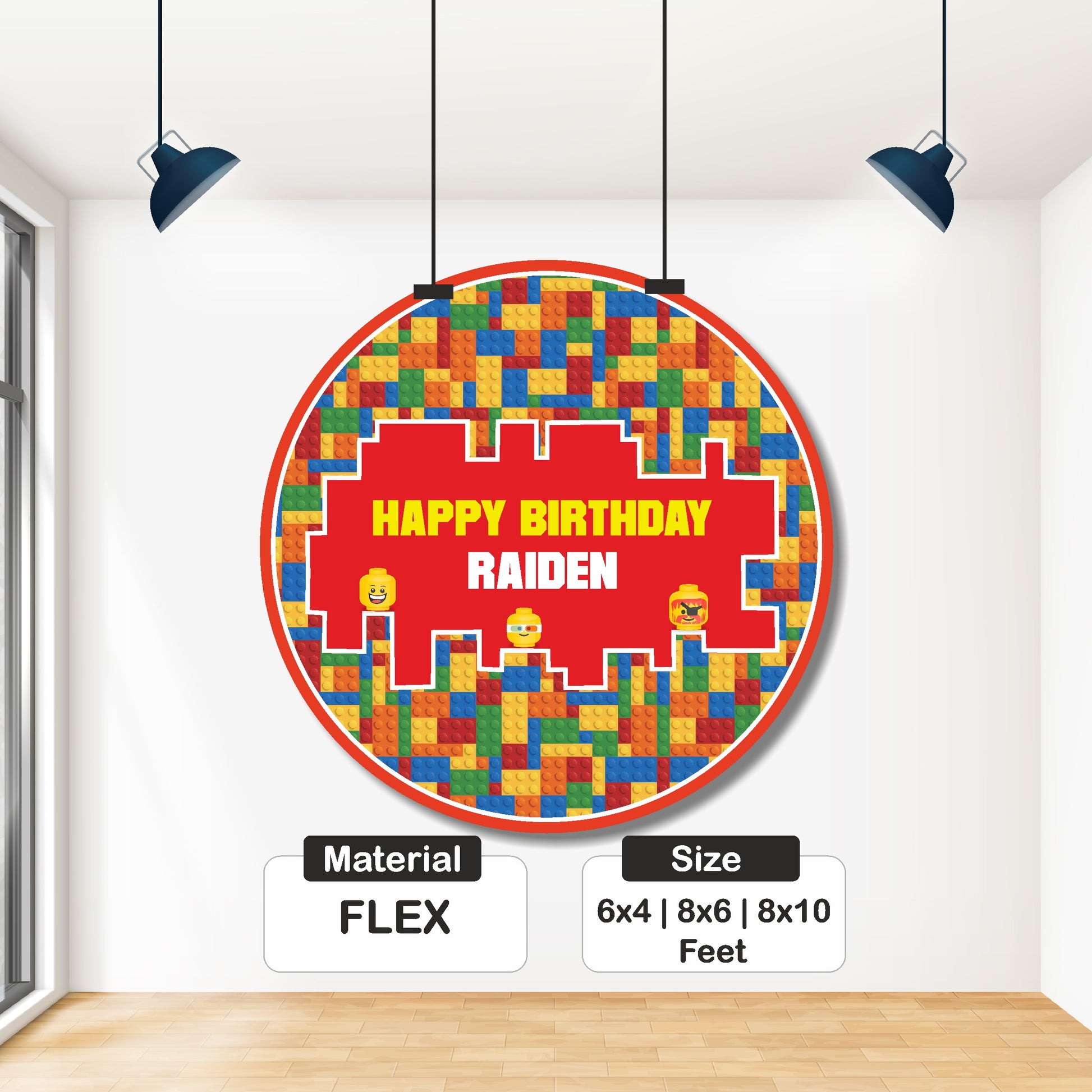 Close-up view of LEGO theme round birthday backdrop showing vivid brick graphics, matte flex finish, and personalized name printed in high resolution digital print
