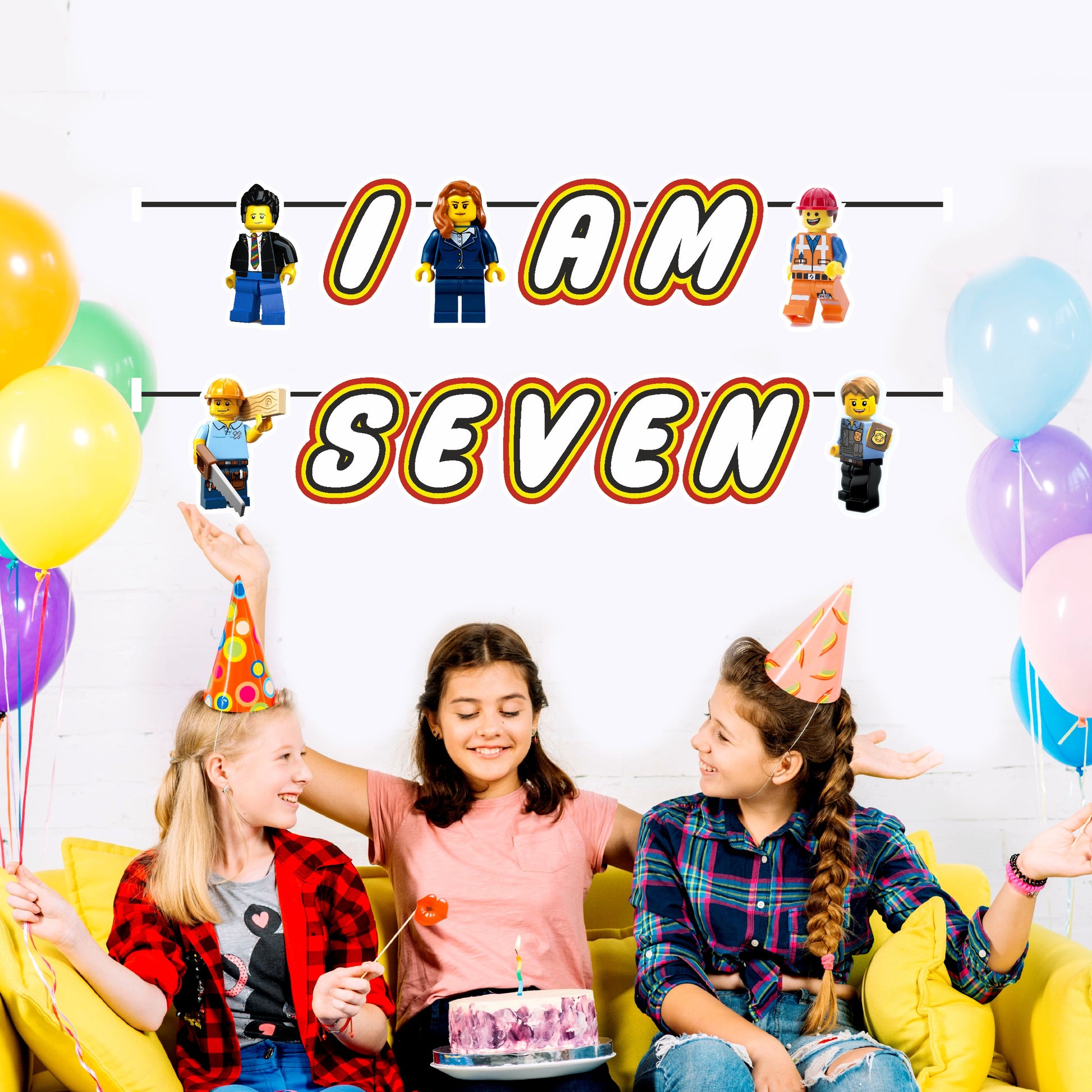 Lego theme age bunting with birthday milestone number printed on Lego brick pennant flags in red yellow blue green 300GSM artboard India